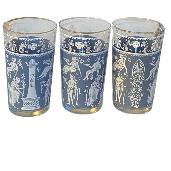 Jeanette Jasperware Corinthian Blue Set of 3 Tumblers 12oz Gilt Rim 22k Vintage - Picture 1 of 7